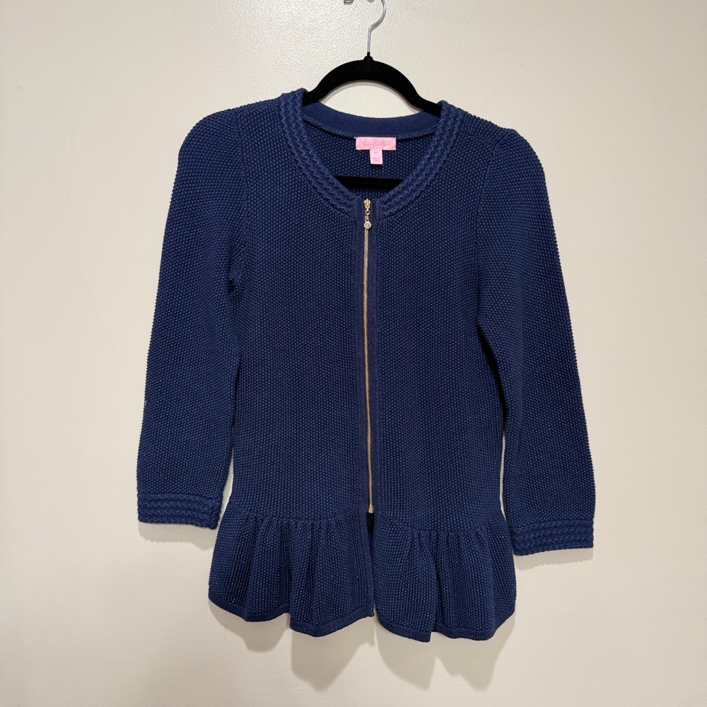 Lilly Pulitzer Karla Navy Zip Front Peplum Sweater Metallic Cardigan Preppy Med